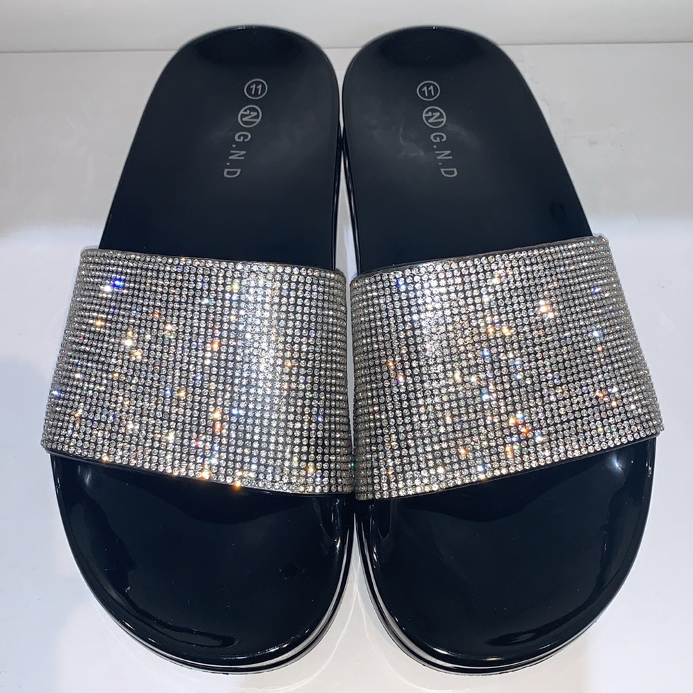 RHINESTONE BLACK SLIDES